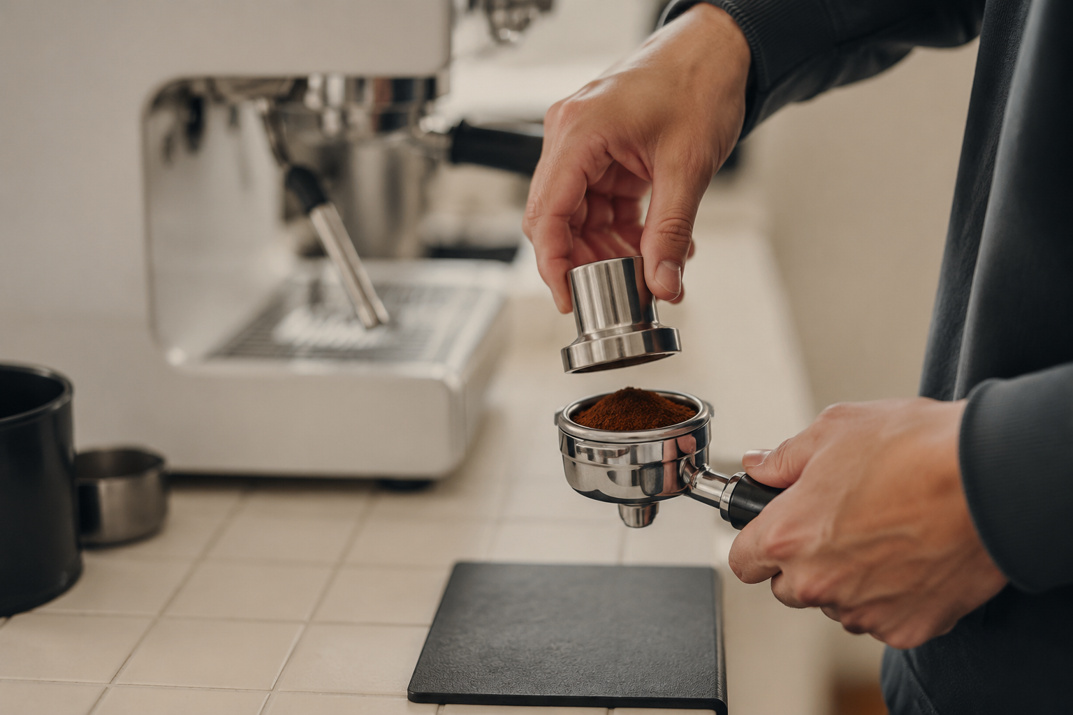 58mm espresso filter basket in use filled with fresh ground coffee
