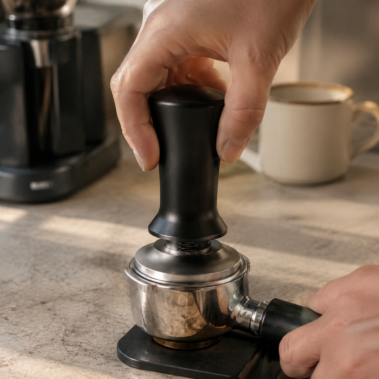 spring-loaded coffee tamper in use pressing espresso puck in portafilter