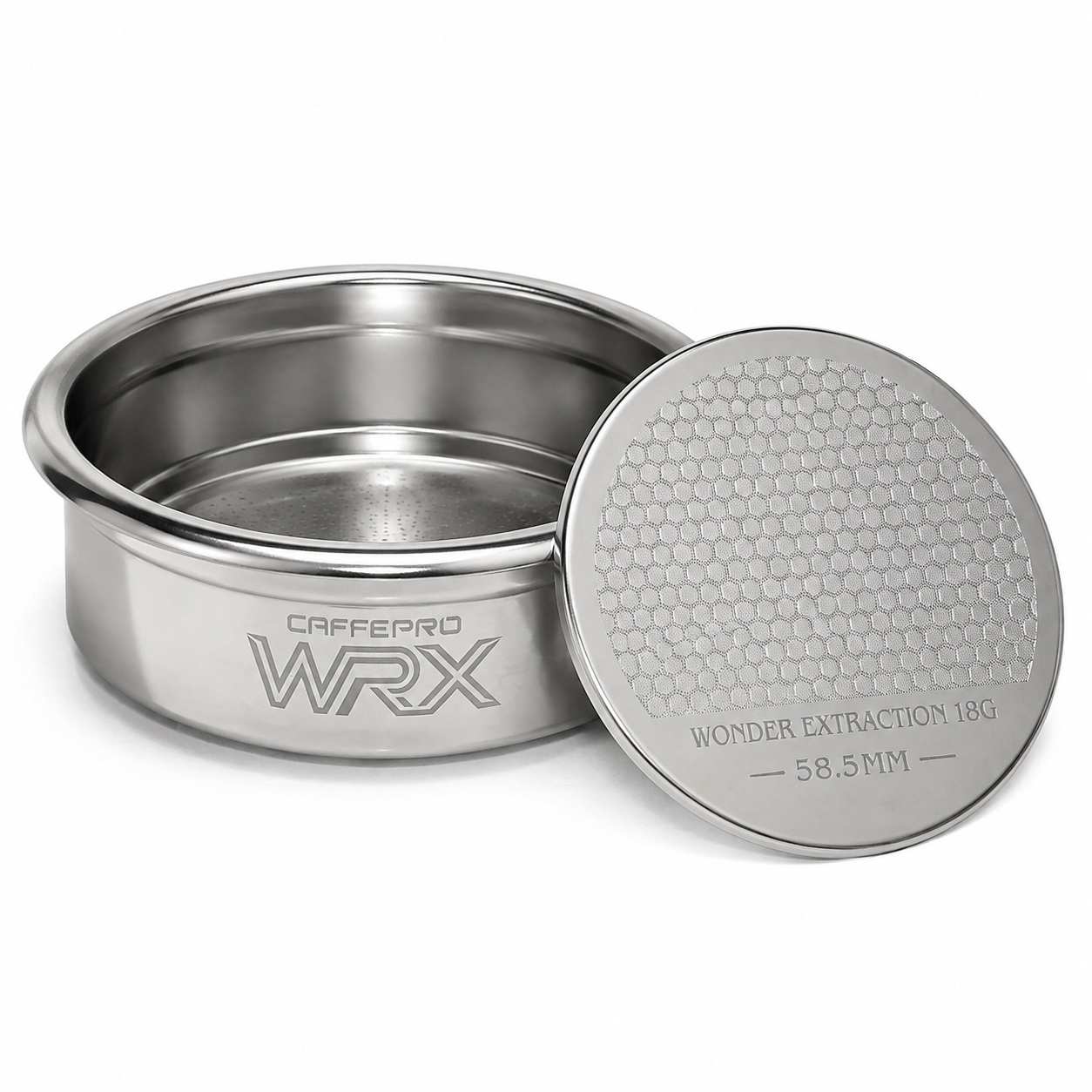 58.5mm stainless steel espresso filter basket, CaffePro WRX, minimalist studio shot