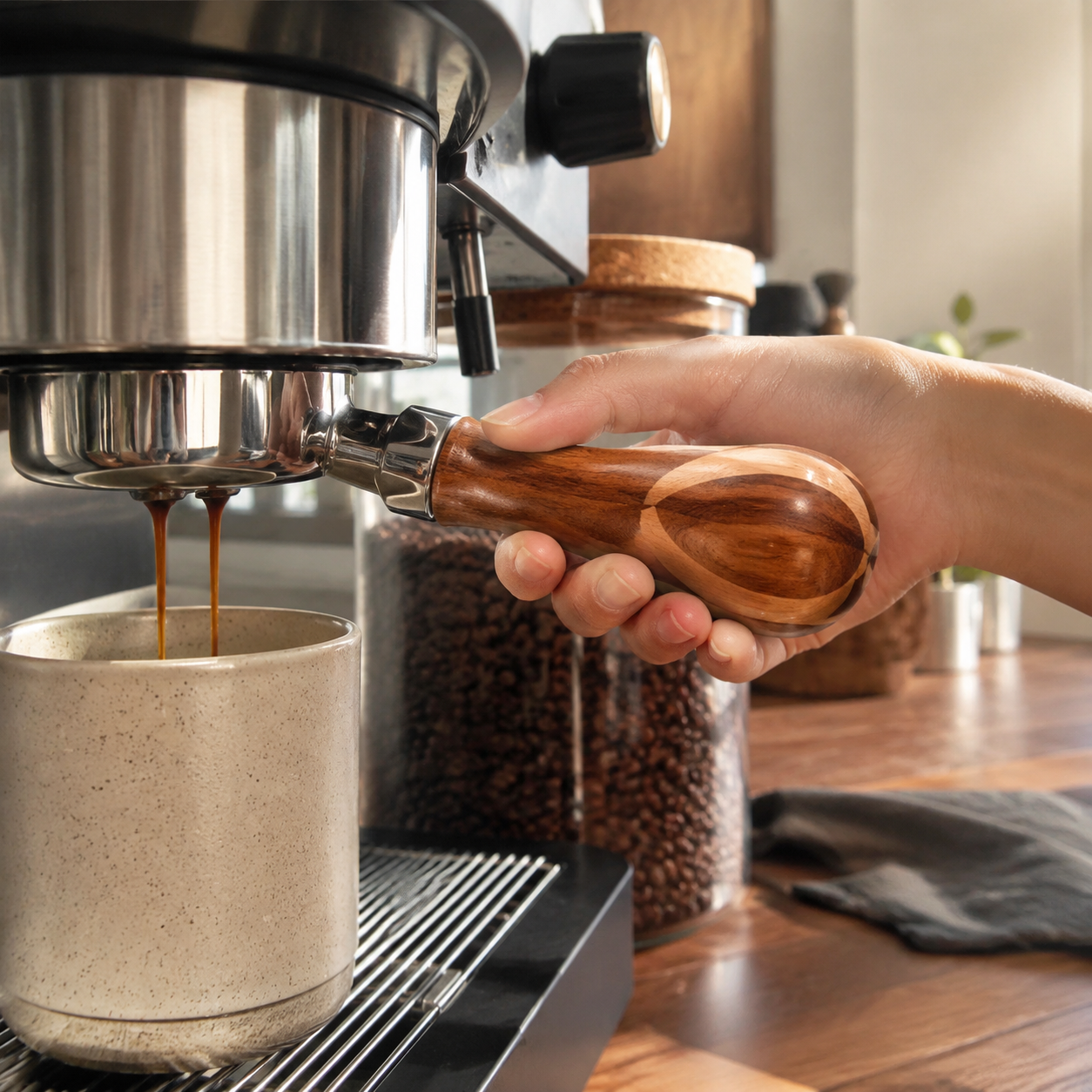 54mm bottomless portafilter with wood handle pulling a shot, in use