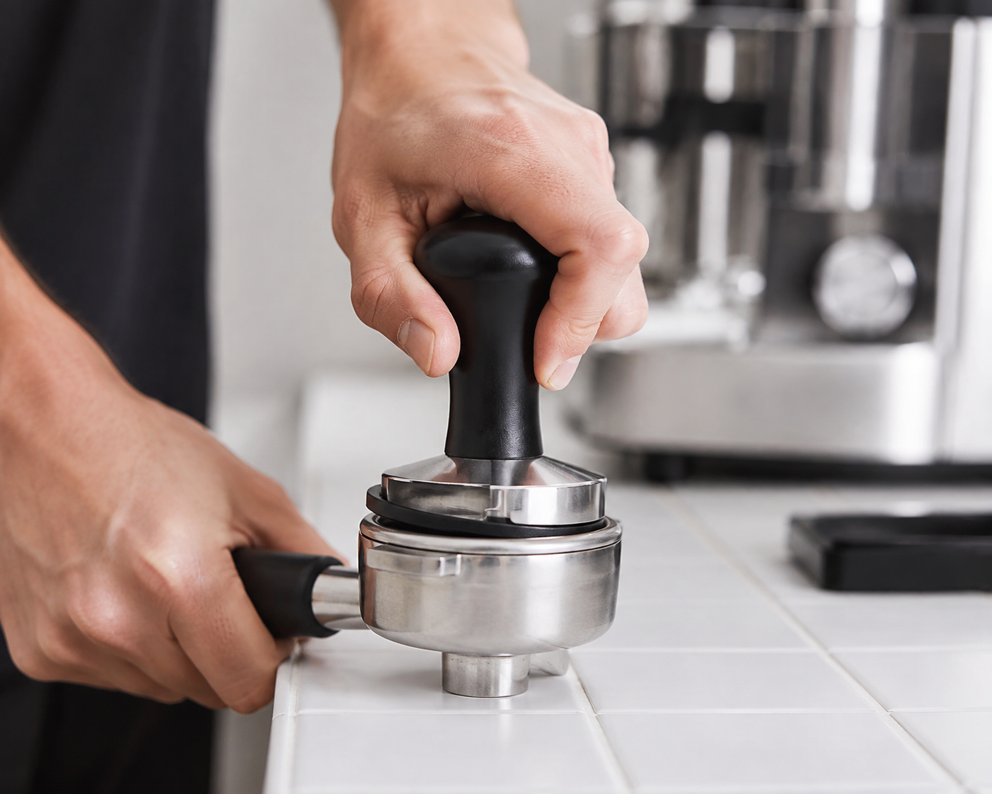 58mm coffee distributor tool in use leveling espresso puck