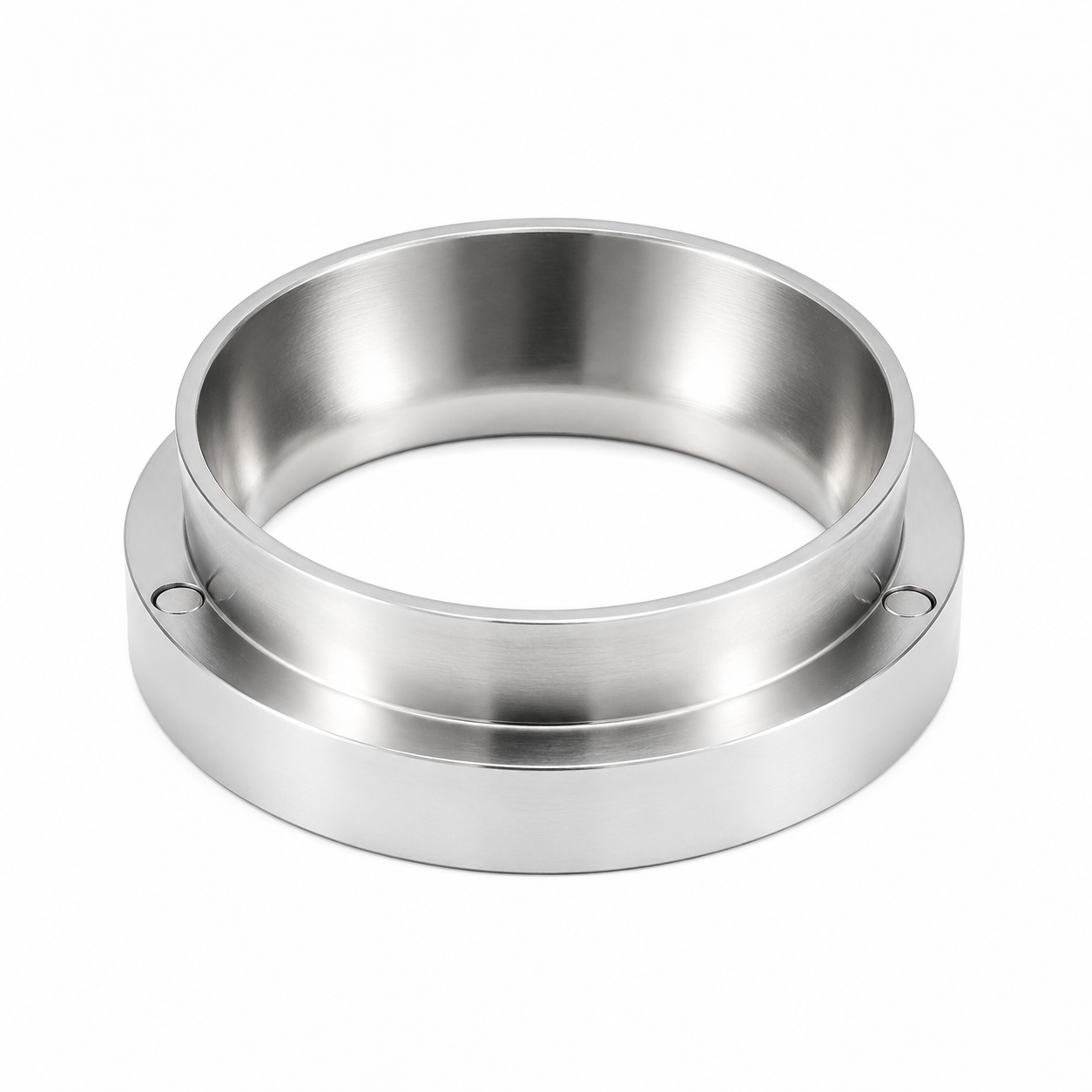 58mm stainless steel magnetic dosing funnel collar, polished finish, studio shot