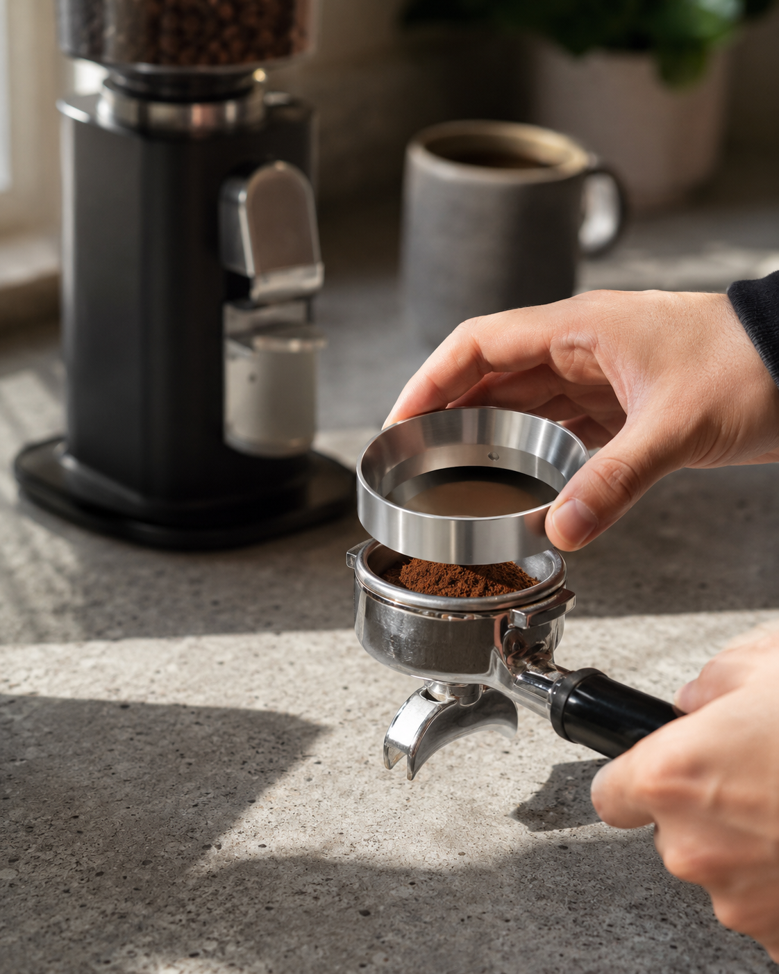 58mm stainless steel magnetic dosing funnel collar in use on portafilter