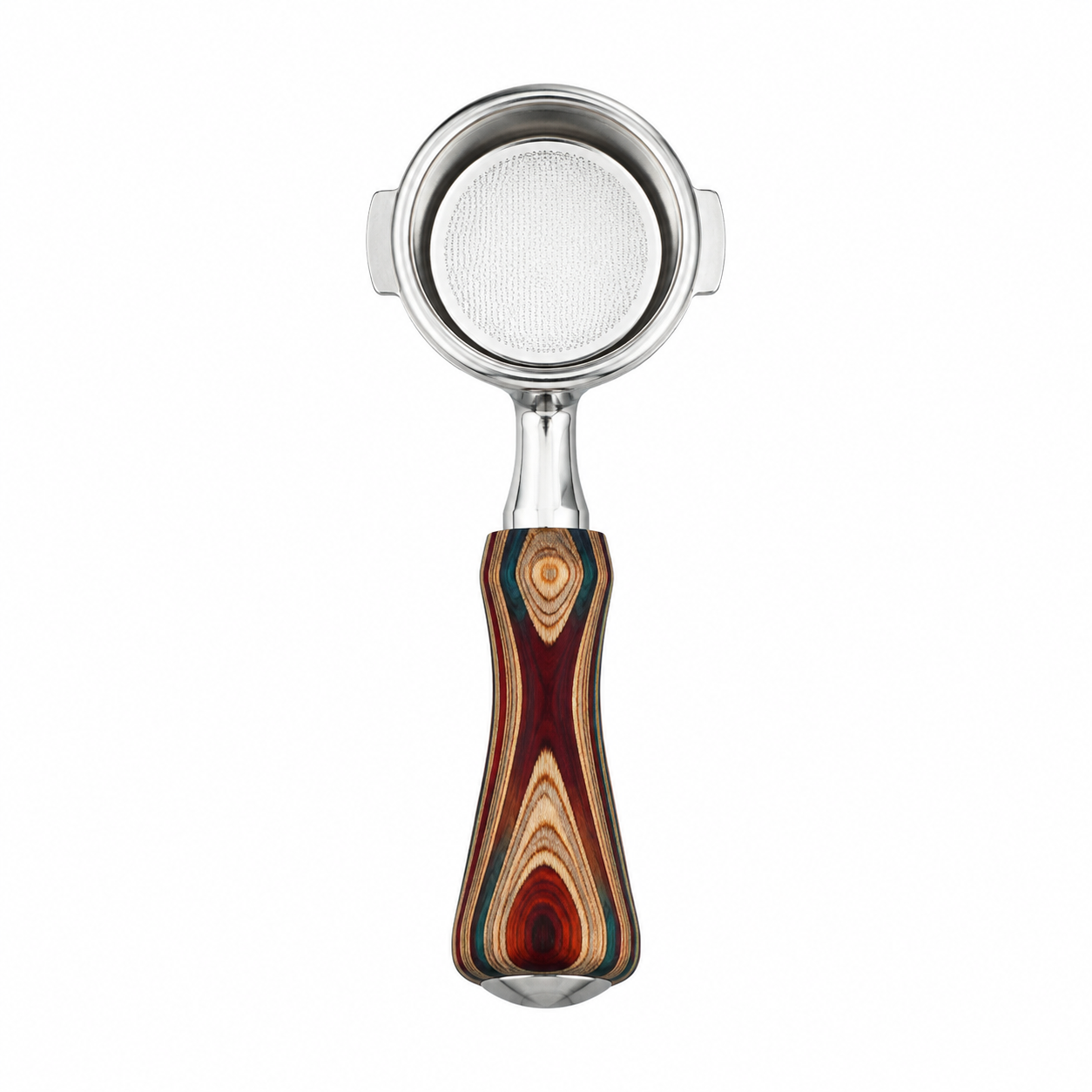 58mm bottomless espresso portafilter with colorful pakkawood handle, minimalist