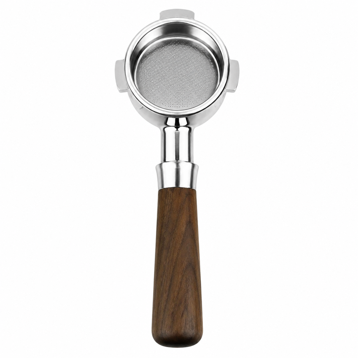 54mm bottomless espresso portafilter with walnut wood handle, minimalist