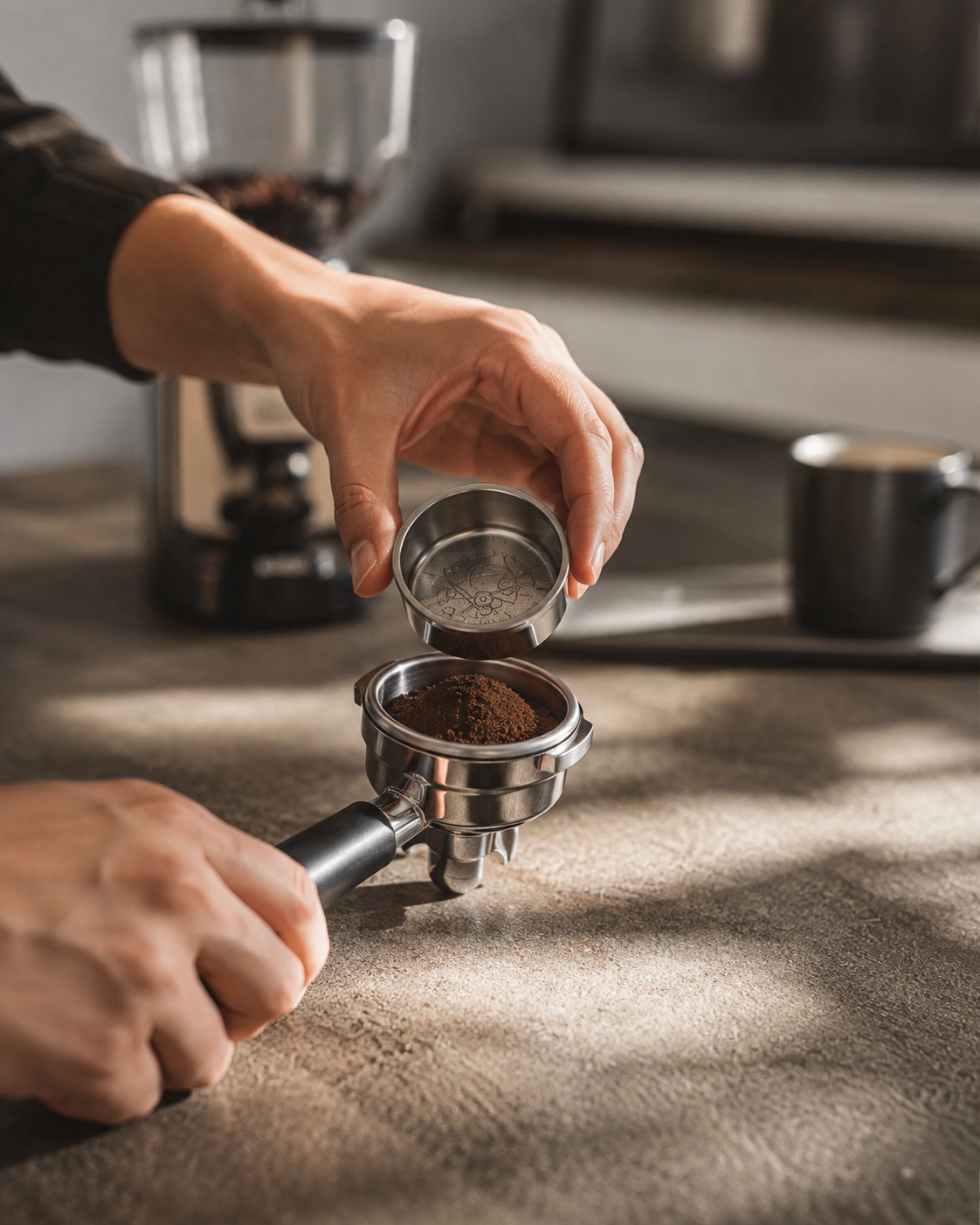 58.5mm precision espresso filter basket in use, 16-20g capacity