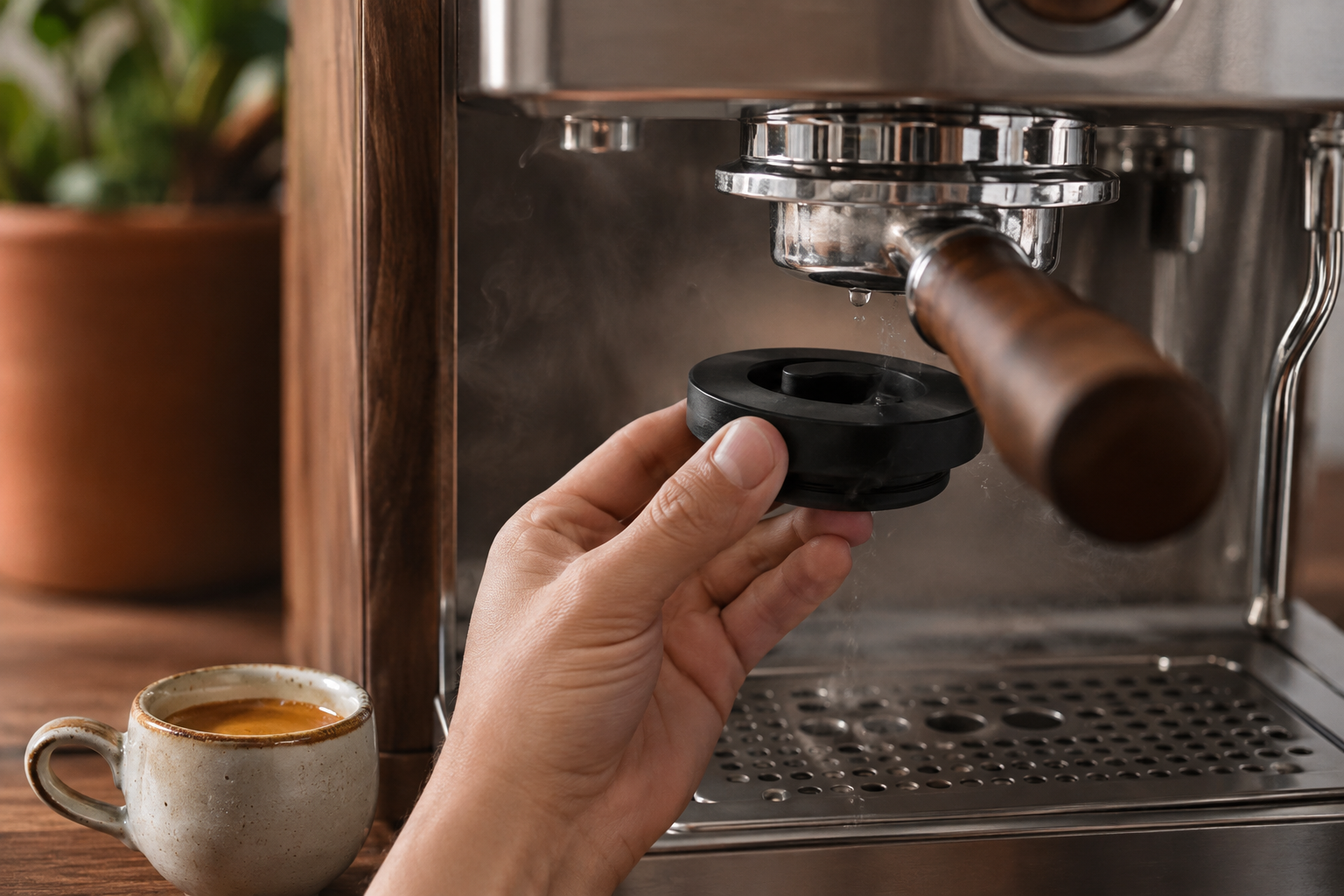 blind backflush disk in use during espresso machine cleaning cycle
