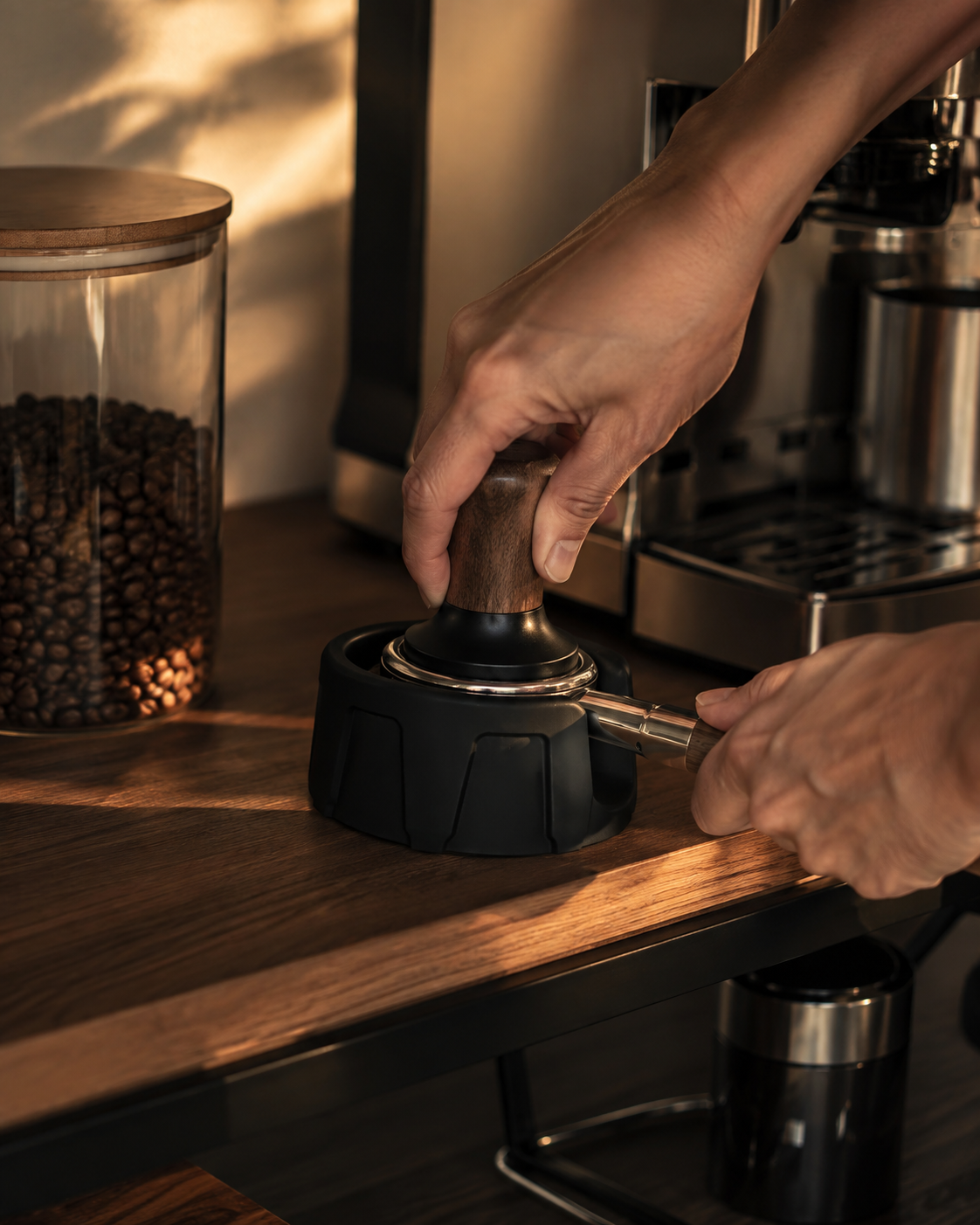 espresso tamping station stand holding portafilter and tamper on counter