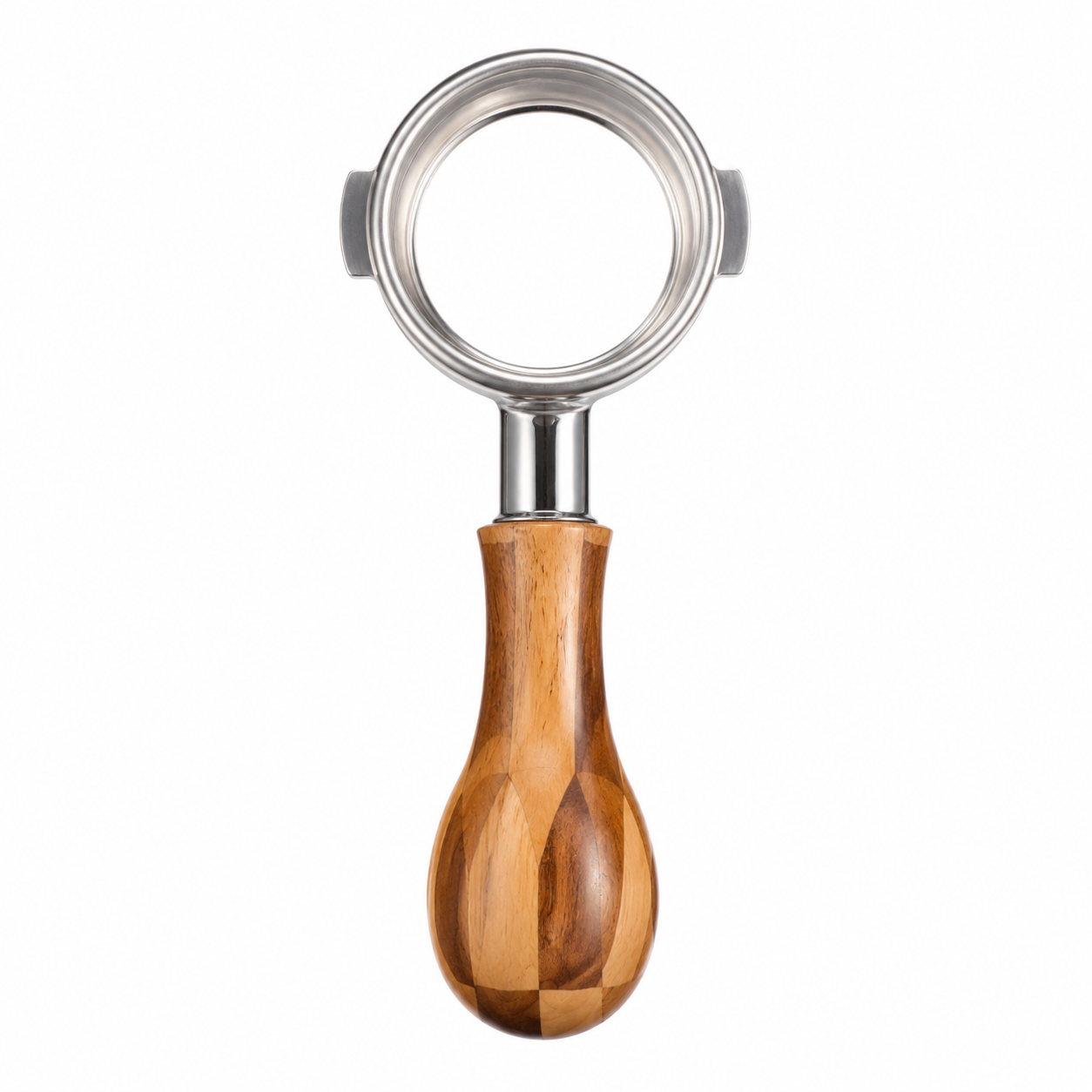 54mm bottomless espresso portafilter with wood handle, minimalist studio shot