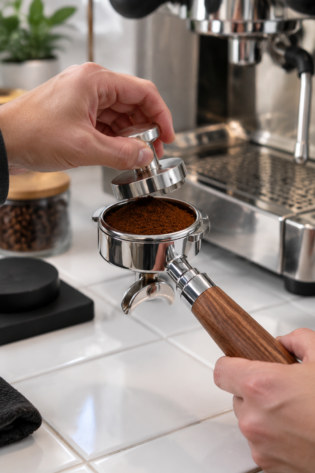 51mm bottomless portafilter with wood handle pulling a shot, in use