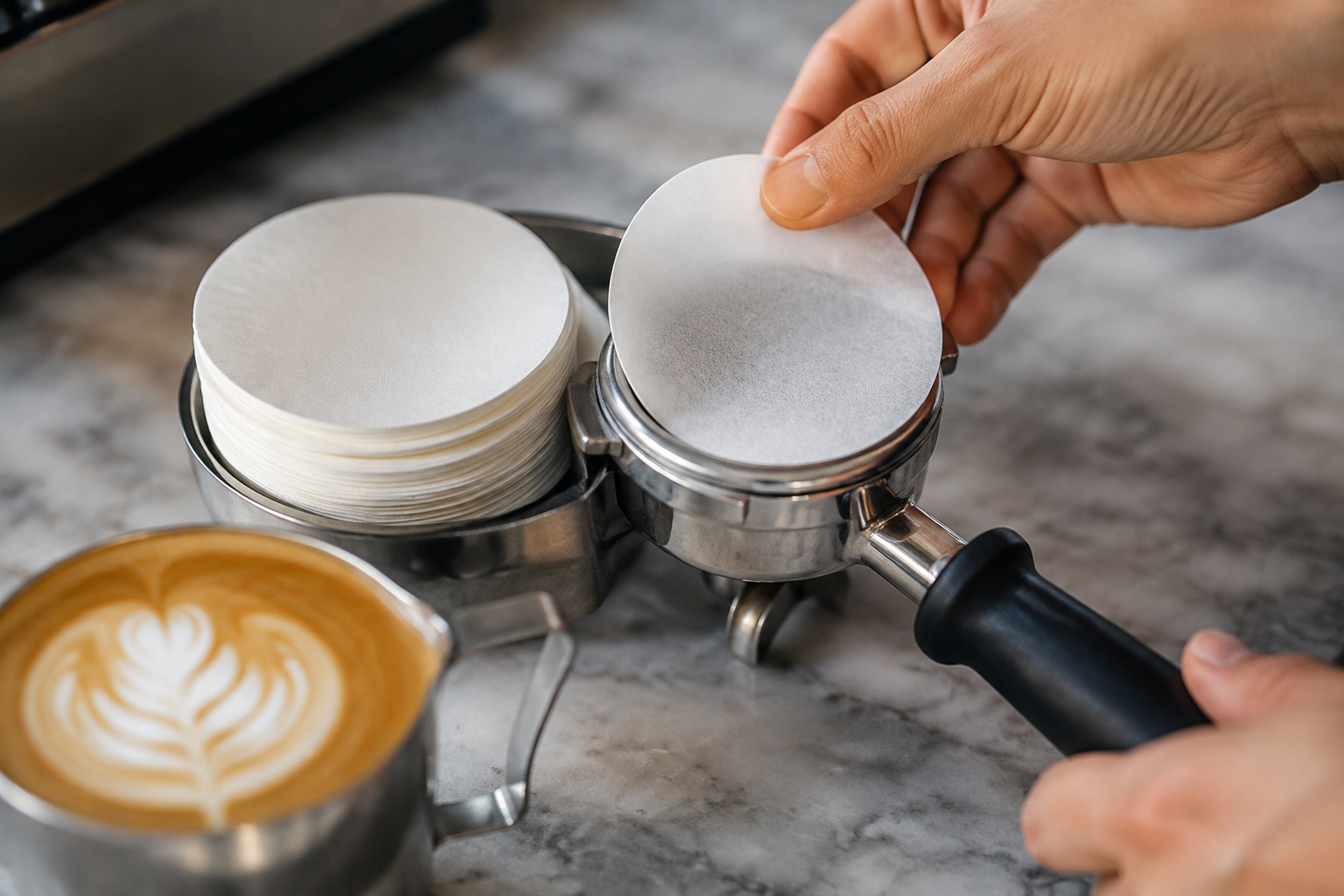 58mm coffee filter paper placed on espresso filter basket, in use