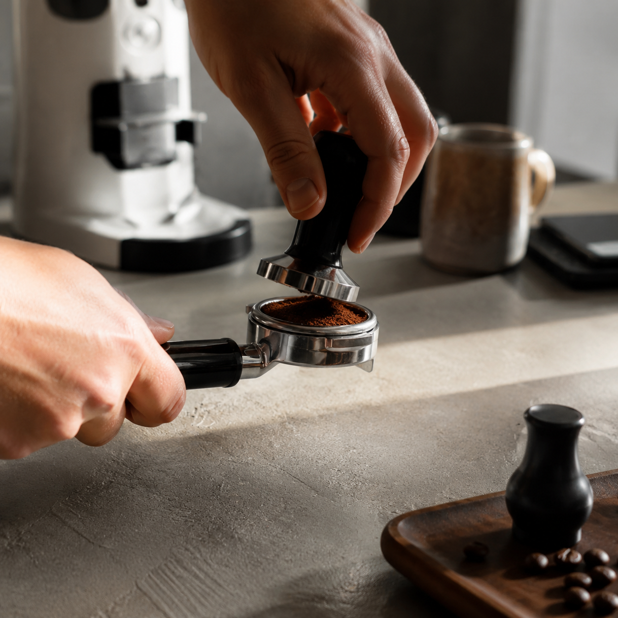 58mm bottomless portafilter in use pulling espresso shot