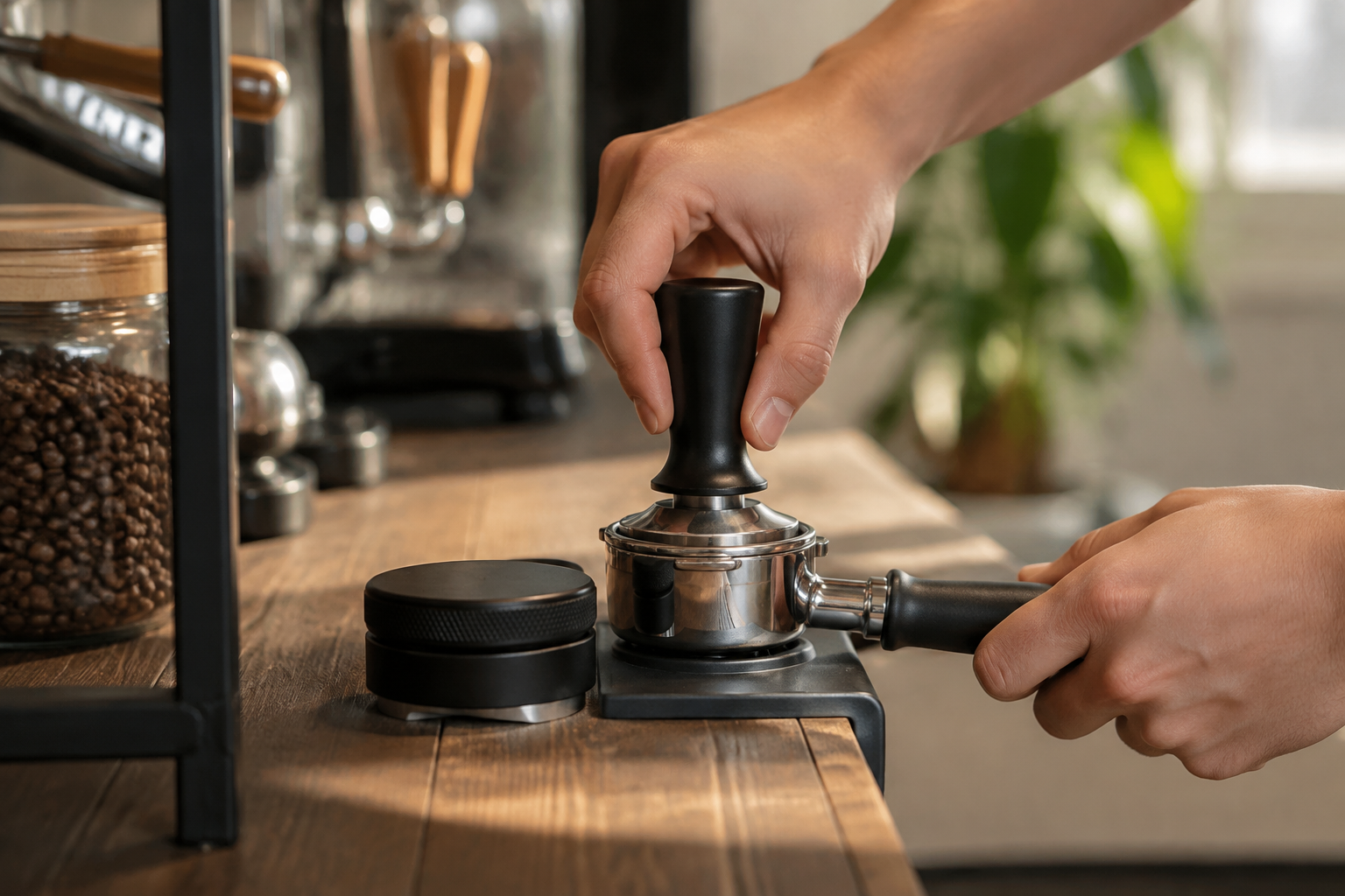 58mm tamper and distributor tool set in use pressing espresso puck