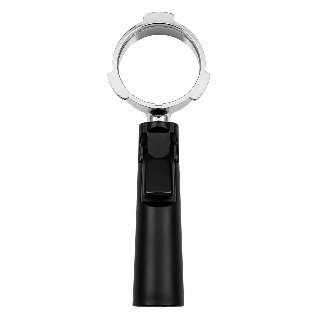 51mm bottomless portafilter holder, black handle, minimalist studio shot