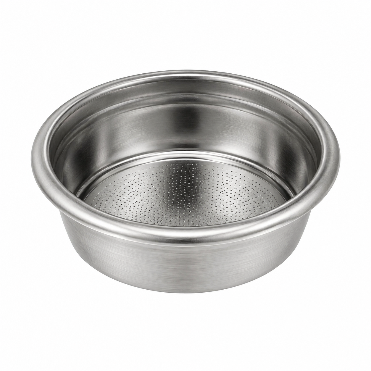 58mm stainless steel espresso filter basket, 18-22g capacity, brushed finish, studio shot