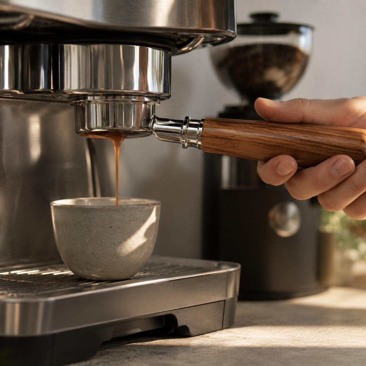 51mm bottomless portafilter with walnut handle pulling a shot, in use