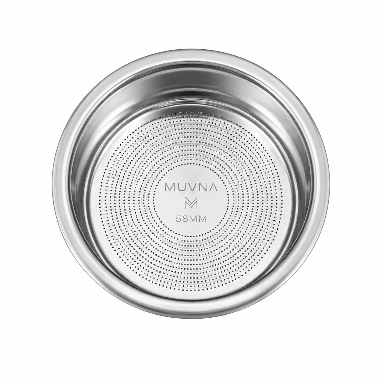 58mm stainless steel high-extraction espresso filter basket, minimalist studio shot