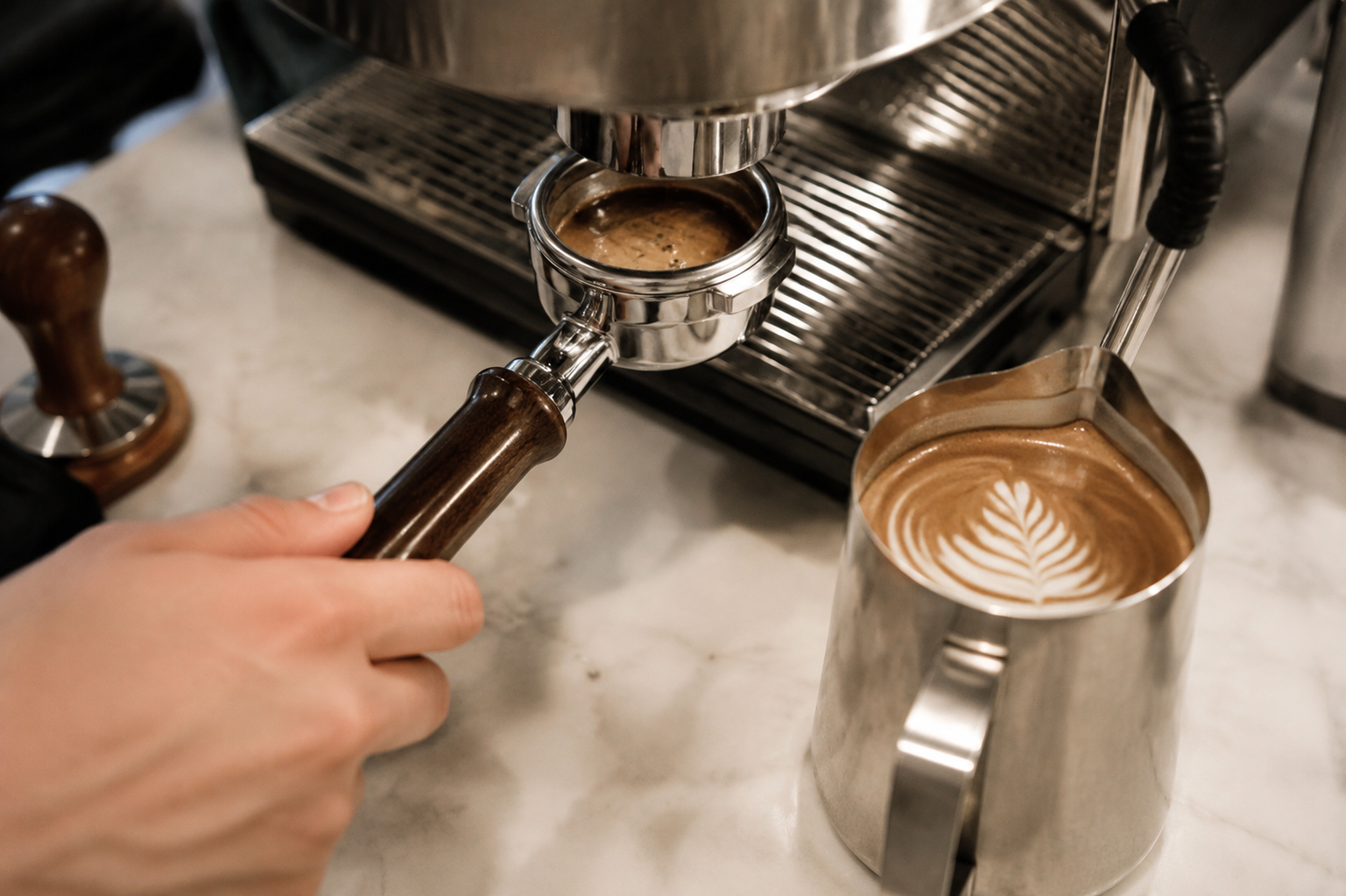 51mm bottomless portafilter with dark wood handle pulling a shot, in use