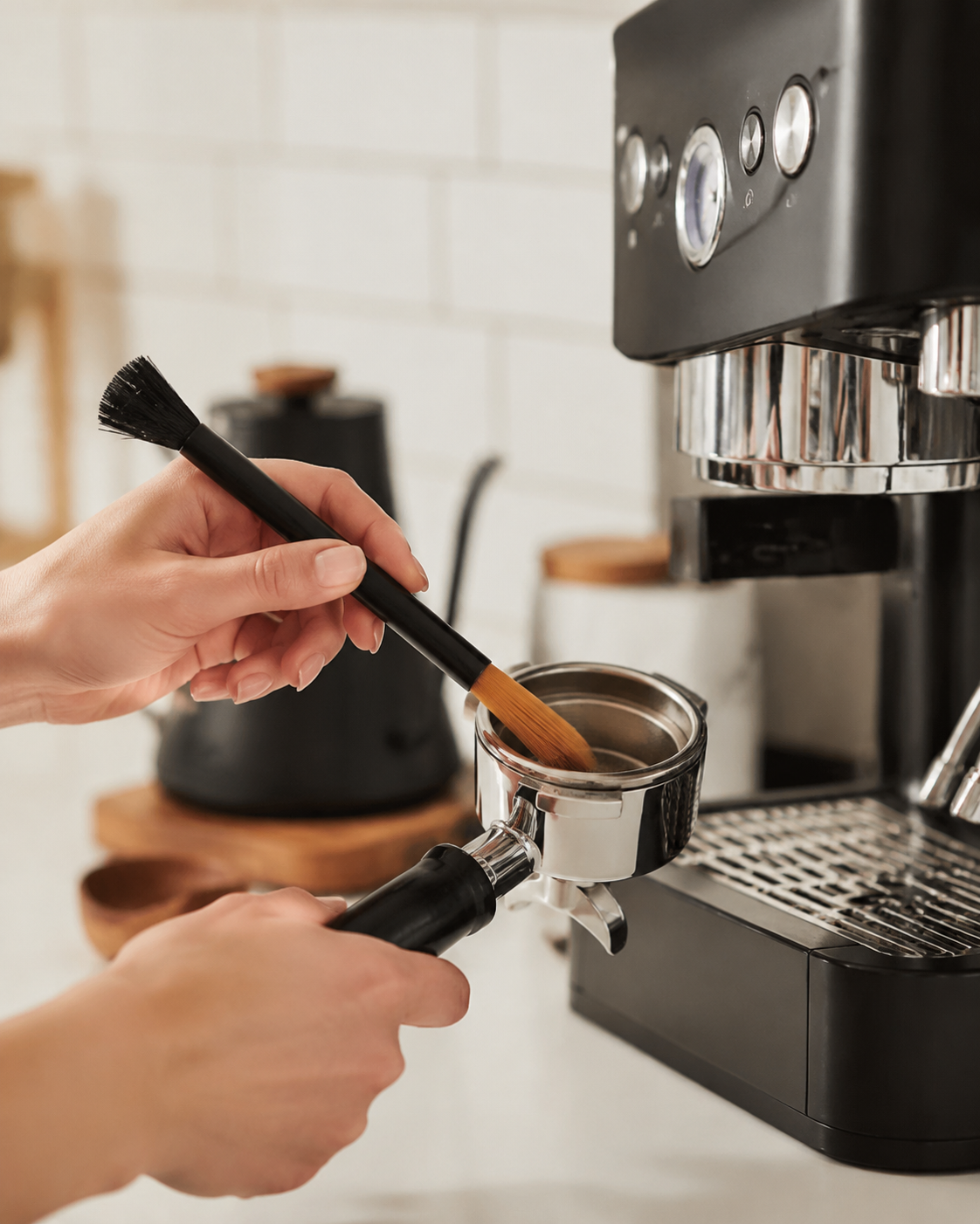 dual-head espresso cleaning brush in use scrubbing portafilter basket