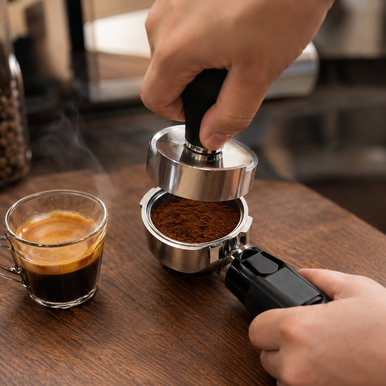 51mm bottomless portafilter holder with black handle, in use