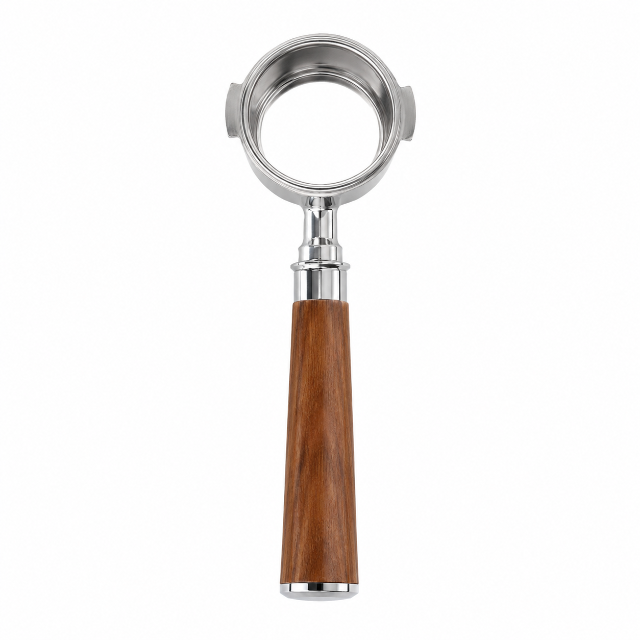 51mm bottomless espresso portafilter with wood handle, minimalist studio shot