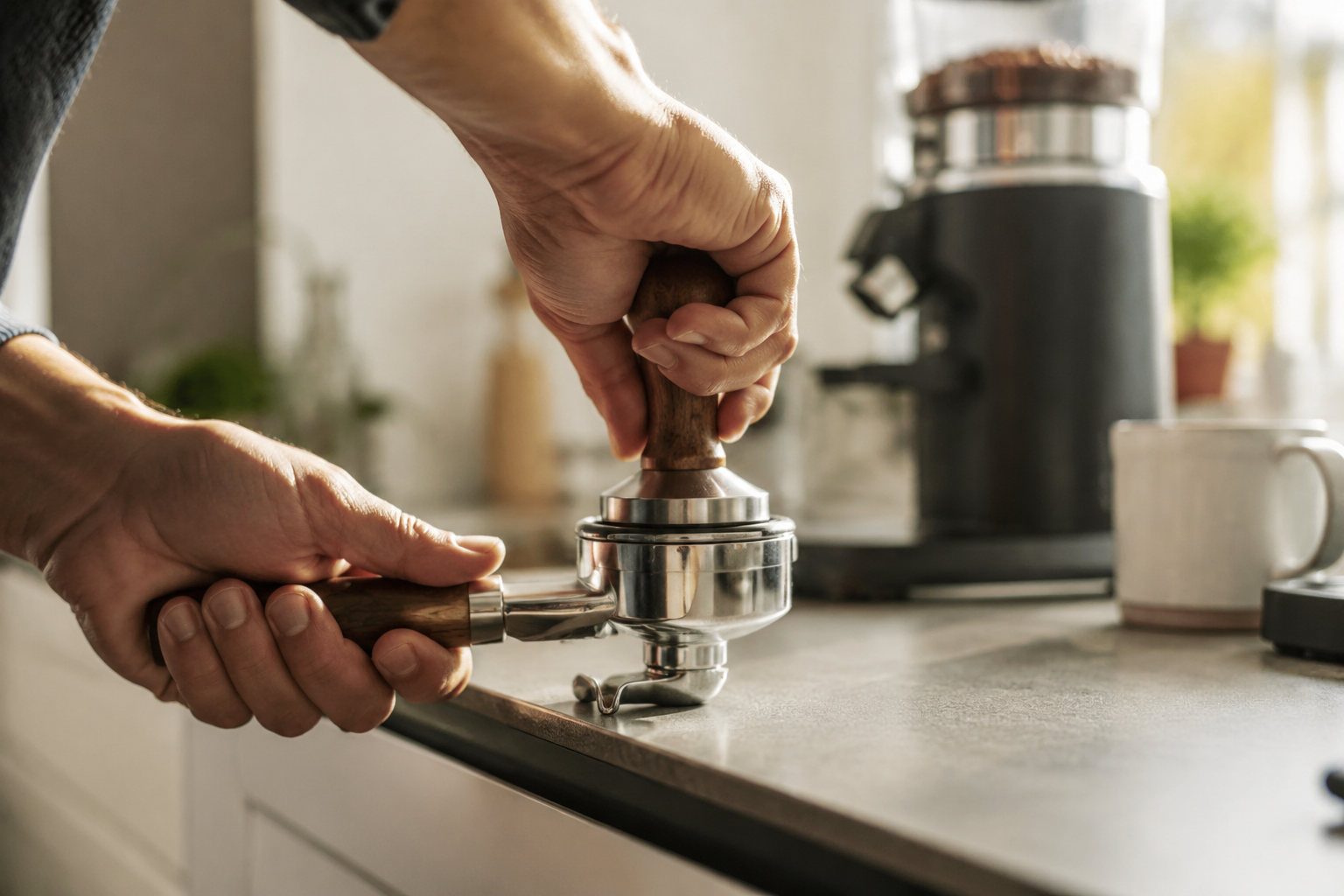 54mm bottomless portafilter with walnut handle pulling a shot, in use