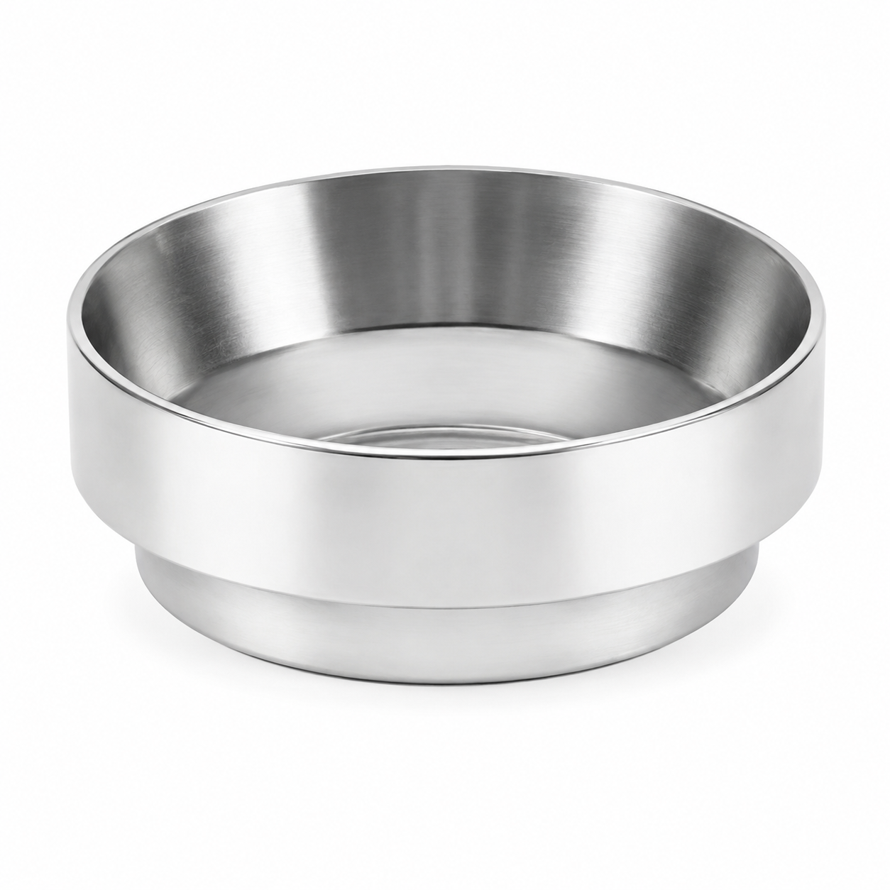 58mm polished stainless steel magnetic dosing funnel, minimalist studio shot