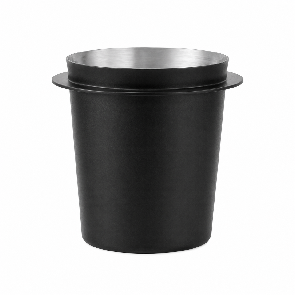 58mm matte black stainless steel coffee dosing cup, minimalist studio shot