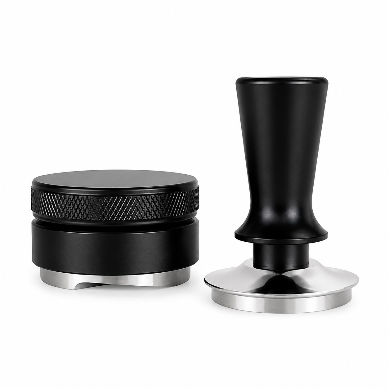 58mm coffee tamper and distributor tool set, black with stainless base, studio shot