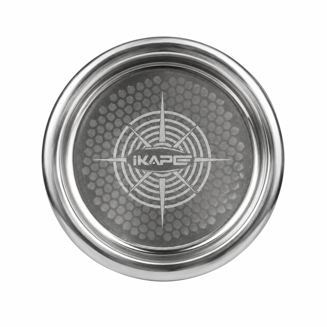 58mm stainless steel beehive-pattern espresso filter basket, minimalist studio shot