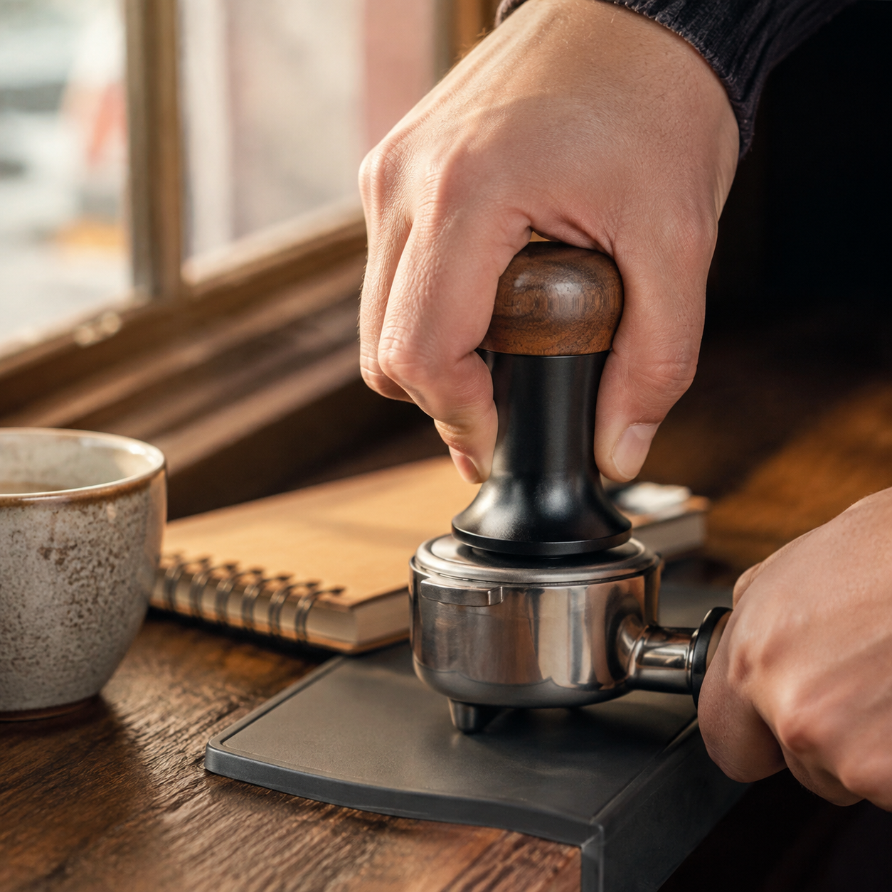 walnut wood coffee tamper in use pressing espresso grounds