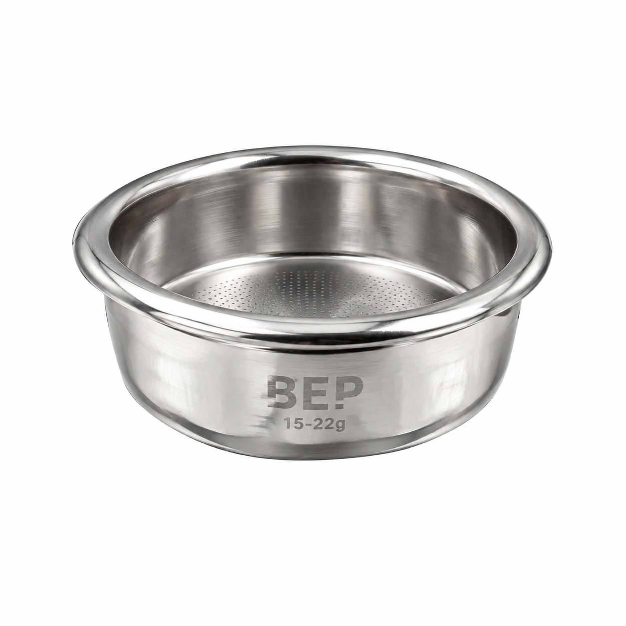 58mm stainless steel double-layer espresso filter basket, minimalist studio shot