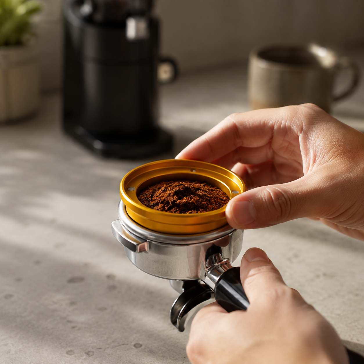 58mm gold dosing ring attached to portafilter, in use